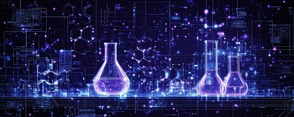 Futuristic laboratory with beakers containing purple liquid, set against a backdrop of digital schematics and glowing particles. Science meets technology.