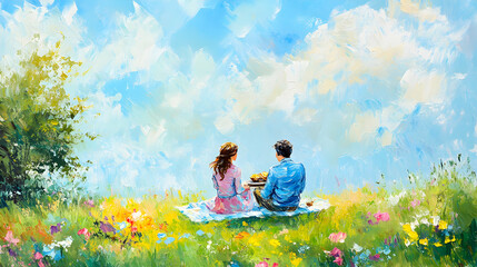 Beautiful oil painting of a couple enjoying a picnic in a vibrant meadow under a blue, cloudy sky. Romantic scene.