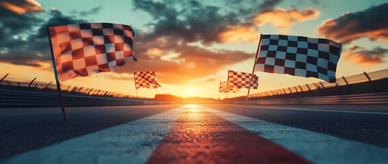 Race to Glory: A cinematic vista of a race track, marked by checkered flags waving triumphantly against a dramatic sunset backdrop, symbolizing competition and the thrill of victory.