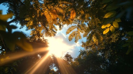 Obraz premium Sunlight Filtering Through Leaves in a Lush Forest Environment