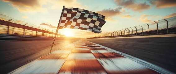 Race to Victory: A dynamic perspective of a checkered flag waving triumphantly at the finish line.