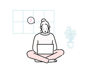 Illustration of a woman in loungewear relaxing at home on the computer vector-家でリラックスしながらパソコンをする部屋着の女性のイラストベクター素材