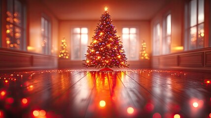 Illuminated Christmas tree in warm room, festive lights, holiday card design