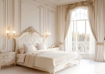 A luxurious bedroom scene featuring detailed ornate decor elements