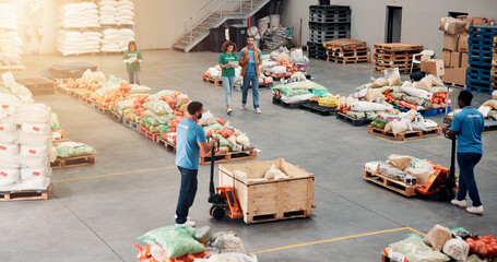 People, volunteer and grocery distribution at warehouse, community charity and humanitarian aid....