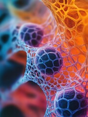 Abstract render of connected spheres, showcasing a complex cellular network with vibrant colors and intricate details.