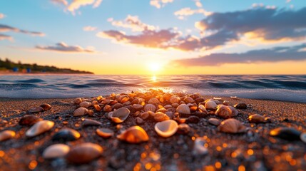 A Photorealistic Sunset at the Beach with Warm Light Illuminating Seas led in Sandy Foreground Captured in Stunning 1-Giixel Resolution