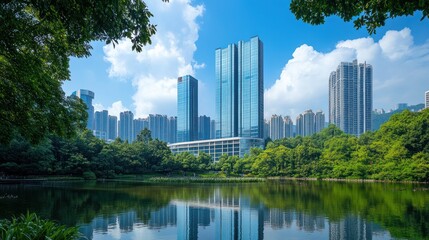 Fototapeta premium Cityscape park reflection tranquil buildings