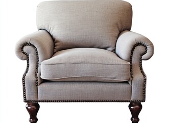 Comfortable Gray Armchair with Nailhead Trim Isolated on White Background