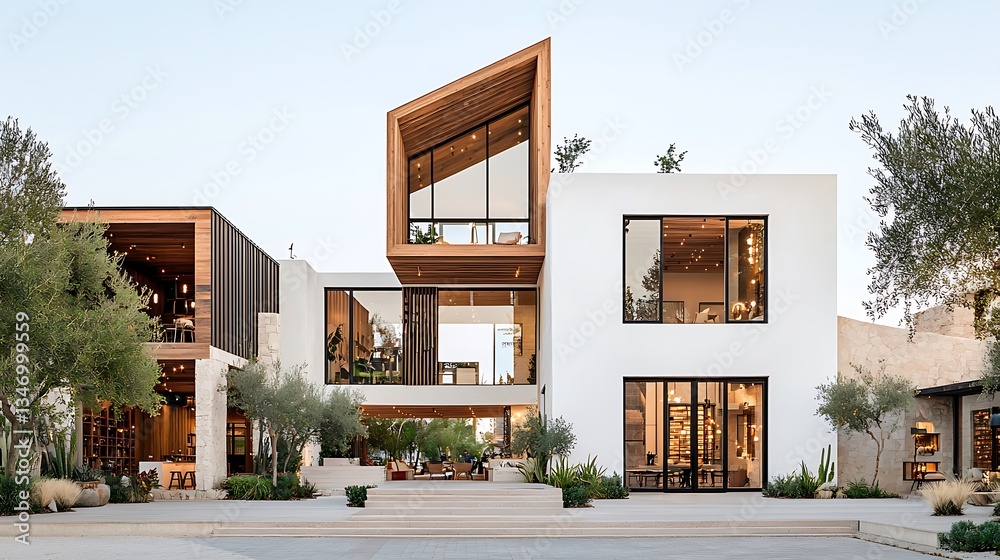 Poster modern retail spaces, featuring a mix of contemporary architecture