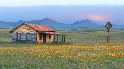Fototapeta premium Rustic farmhouse in a colorful meadow