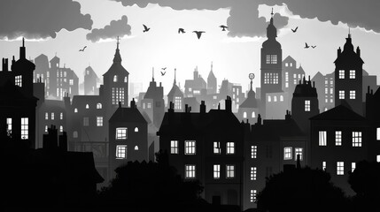 Fototapeta premium Black and white city silhouette with flying birds