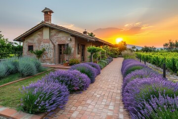 A brick walkway leads to a small house with a red roof