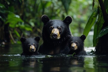 Naklejka premium Cute black bear cub climbing a tree in the forest