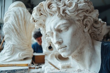 Close-up of an ancient marble sculpture with detailed carvings