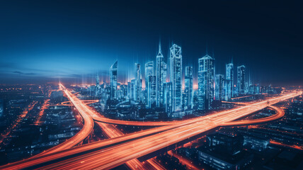 Fototapeta premium Futuristic Smart City at Night with Illuminated Highways