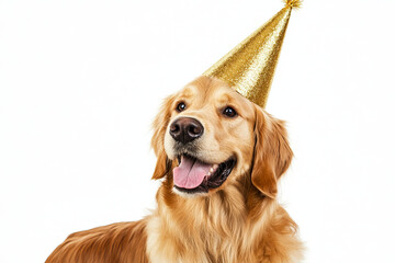 golden retriever dog wearing a gold party hat isolated on white background