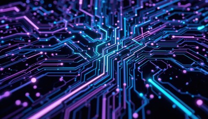Obraz premium Futuristic Circuit Board Design with Glowing Neon Lines in Purple and Teal on Black Background