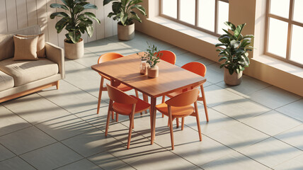 Modern Dining Room with Orange Chairs and Sunlight