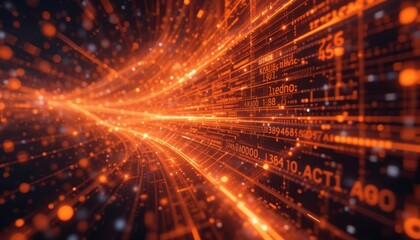 Fototapeta premium Dynamic Futuristic Data Stream in Orange, Visualization of Energy and Technology, Abstract Environment, Digital Art