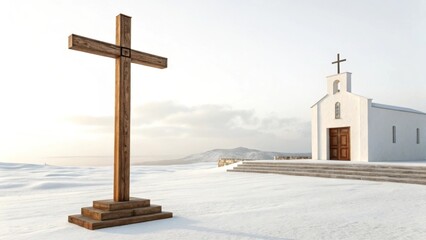 Wooden Cross and White Chapel on Snowy Landscape, Peaceful Religious Scene with Winter Mountains in Background