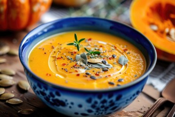 Creamy pumpkin soup garnished with herbs and pumpkin seeds in a blue bowl.