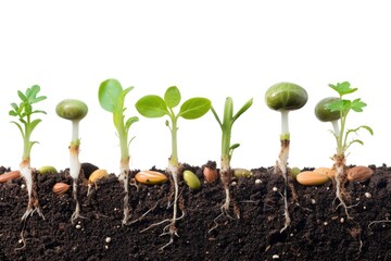Seedlings emerging from soil, showcasing various stages of growth and different plant species.
