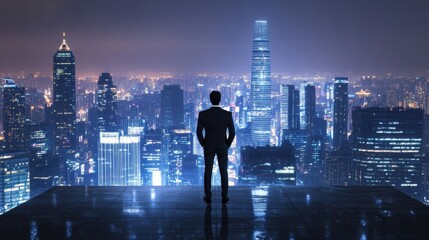 Businessman gazing at city skyline.