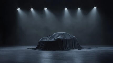 New car reveal under black cloth on stage