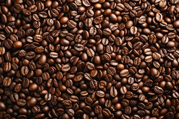 Obraz premium A close-up shot of numerous roasted coffee beans, showcasing their rich brown color and texture.