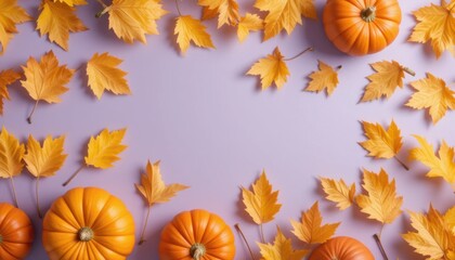 Harvest Event: Autumn Pumpkins and Yellow Leaves on Lavender Background - Seasonal Display in Cozy Atmosphere