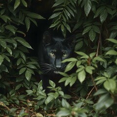 Mysterious Gaze: A sleek black panther peers intently from the dense foliage, its eyes radiating a sense of intrigue and wild beauty.
