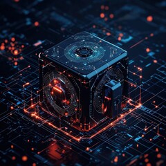 A glowing futuristic safe lock surrounded by holographic symbols