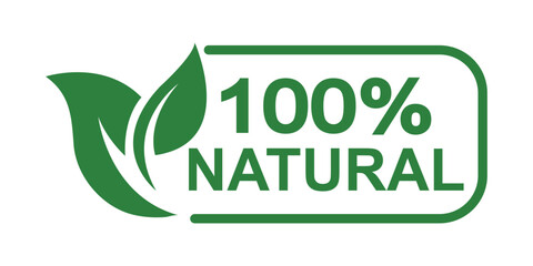 100% natural and organic product, 100% natural flat green icon vector label template in trendy style illustration isolated on white background.