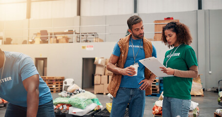 People, volunteer and talk with clipboard at warehouse for inspection, stock checklist and grocery...