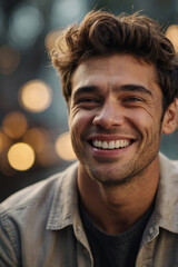 Fototapeta premium Grimacing Smile . A portrait of a man forcing a smile, although he is clearly in trouble.