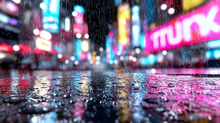 Rain Falling on City Street at Night with Neon Lights Reflections