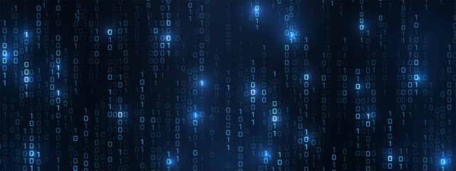 Vector digital code rain in a Matrix inspired futuristic style. High-tech backdrop with glowing binary characters. Binary Software Programming Code Background. Digital Data Technology Concept.