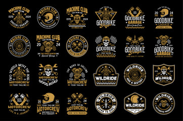Vintage custom motorcycle logo sign badge vector collection. Motorcycle garage and mechanic logo with retro style vector design. Motorbike parts logo vector bundle