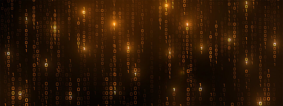 Vector digital code rain in a Matrix inspired futuristic style. High-tech backdrop with glowing binary characters. Binary Software Programming Code Background. Digital Data Technology Concept.