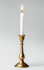 Burning White Candle in Elegant Golden Candlestick Holder on White Background