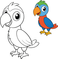 A cute parrot bird cartoon coloring page vector featuring a playful parrot with vibrant feathers, ready for kids to color and enjoy with its cheerful and friendly design.
