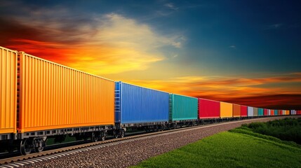 Fototapeta premium Vibrant Freight Containers on Railways Under Stunning Sunset Sky with Colorful Clouds and Scenic Landscape View