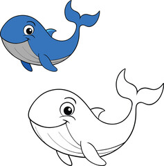A fun and playful blue whale cartoon coloring page, featuring a friendly whale swimming in the ocean with big eyes, a smiling face, and simple lines perfect for kids to color.