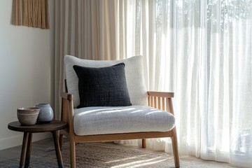 A cozy corner featuring a modern-shaped armchair, a decorative cushion, a side table with ceramics, and natural light streaming through the curtains. 