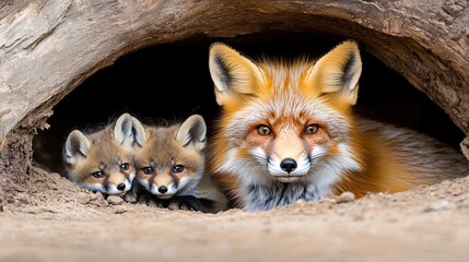 Fototapeta premium Protective Red Fox Mother and Cute Cubs Cozied in Den Beneath Tree Root on Winter Night