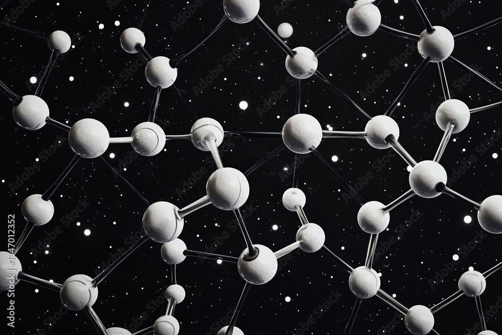 Poster abstract molecular structure against a starry backdrop, illustrating interconnectedness and complexi