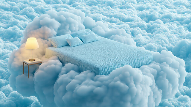 serene bed floats among fluffy clouds, creating dreamlike atmosphere. soft blue bedding and warm lamp evoke sense of tranquility and comfort, inviting relaxation