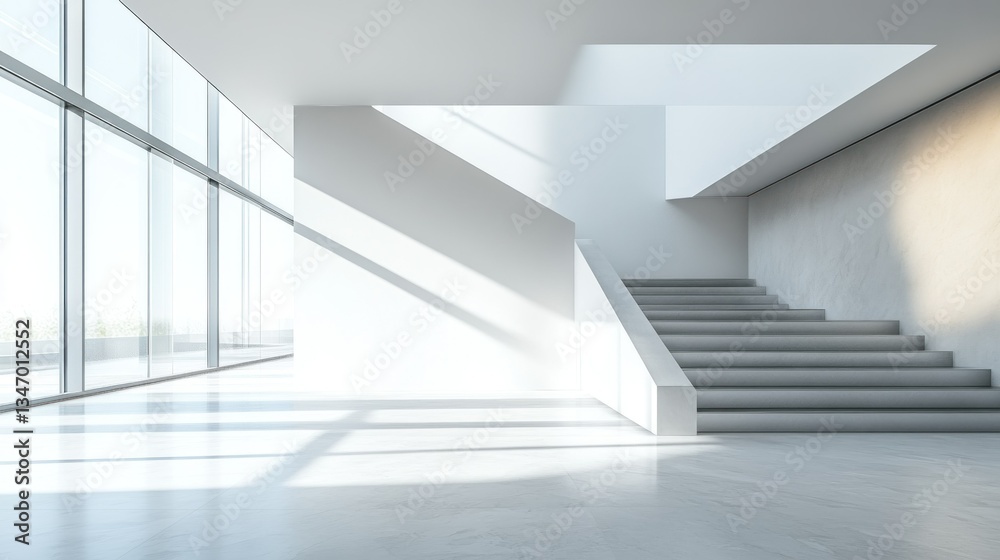 Poster serene interior showcasing a minimalist staircase illuminated by expansive windows creating dynamic 