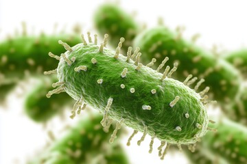 Naklejka premium Detailed microscopic view of rod-shaped bacteria, illustrating surface structures and microbial detail. Green microorganisms against a blurred background.